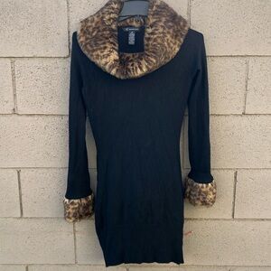 INC International Concepts black sweater dress w/leopard collar/ also on wrist
